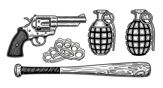 Vintage engraved illustration of various dangerous weapons including a revolver, grenades, brass knuckles, and a baseball bat.