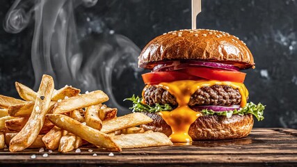 Juicy Cheeseburger with Melted Cheese and Golden Fries Steaming on a Rustic Wooden Table - Powered by Adobe