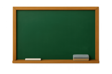 Empty green chalkboard with wooden frame, chalk, and eraser, providing space for education, learning, and school concepts, transparent background