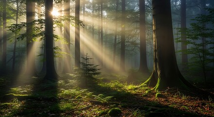 Magical Forest Awakening: Sunlight Streaming Through Ancient Trees, Inspiring Wanderlust and Outdoor Exploration for Travel and Environmental Campaigns