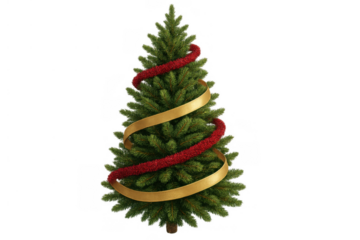 Evergreen christmas tree with festive red tinsel and shimmering gold ribbon, ready for holiday celebrations. Transparent background