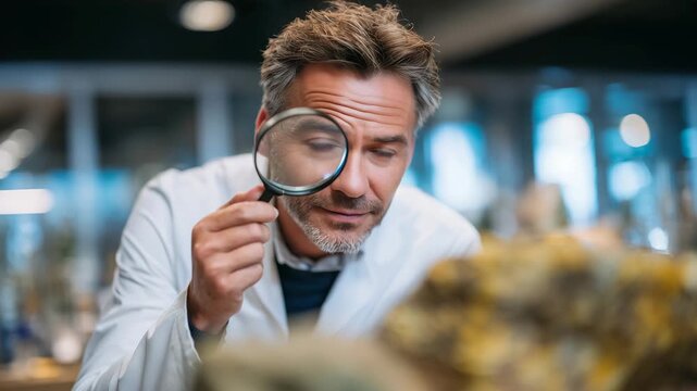 Miner examining rock sample under magnifying glass, focused expression, laboratory and analysis tools visible in background