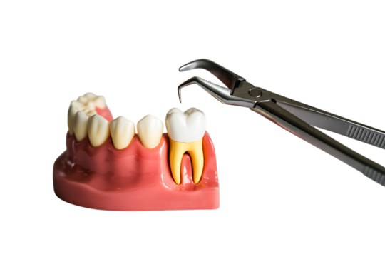 A dental extraction tool is poised to remove a tooth from a model jawbone, illustrating a dental procedure.