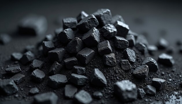 Pile of dark black carbon lumps. Irregular rock like pieces natural geology material. Represent energy source, industrial element, fossil fuel. Coal structure texture surface. Abstract dark pattern