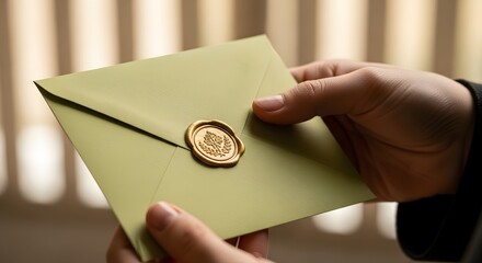Person holding a vintage olive green envelope sealed with a golden wax seal
