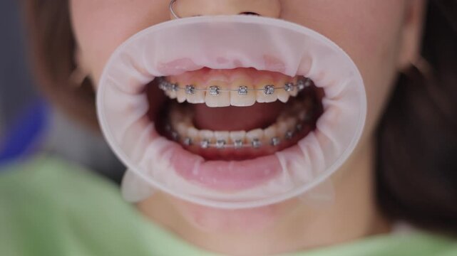 Caucasian female with braces on teeth opens and closes his mouth with dental silicone expander in stomatology clinic Top view.