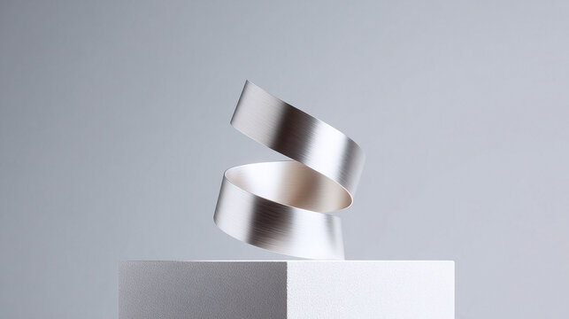 Abstract modern art featuring a metallic ribbon elegantly twisting above a textured white cube. Perfect for backgrounds, technology, or conceptual design projects. - Powered by Adobe