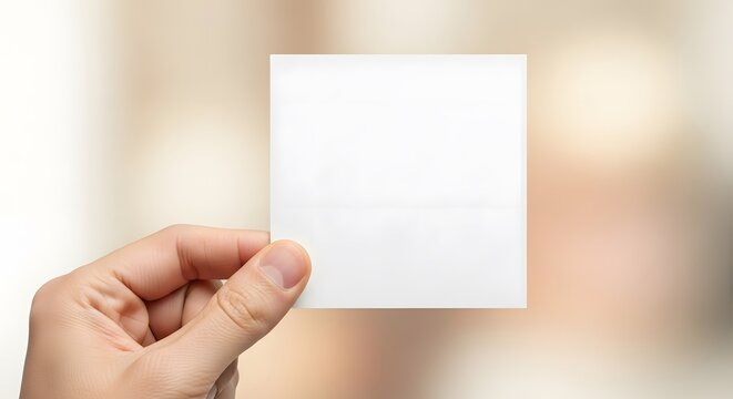 Hand holding a blank white business card with a soft blurred background