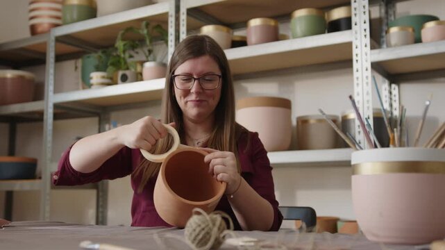 Woman applying masking tape to a clay pot in a ceramics workshop. Preparing handmade pottery for painting, artisan creating a clean color border.