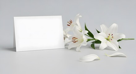 Blank white greeting card with delicate white lilies and fallen petals on a soft gray background