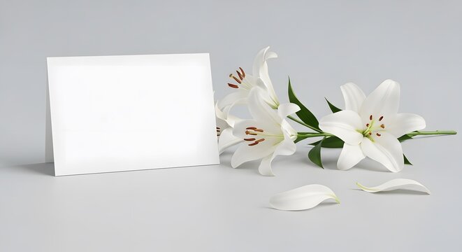 Blank white greeting card with delicate white lilies and fallen petals on a soft gray background