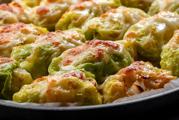 Involtini di cavolo verza ripieni di patate e scamorza, cotti al forno, cibo vegetariano 