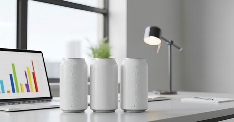 Refreshing Energy Boost: Mockup Soda Cans for Product Branding and Marketing Campaign in a Modern Office Setting. Perfect for Advertisement and Presentation.