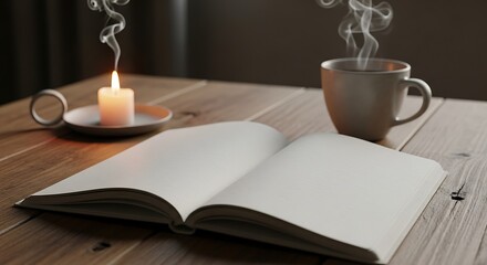 Relaxing Moment: Open Book with Hot Coffee and Candle for Cozy Lifestyle, Self-Care, Inspiration and Relaxation Concepts. Perfect for Blog, Website or Advertisement