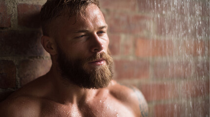 Intense portrait of a bearded man taking a shower against a brick wall, showcasing strength and cleanliness. Evokes themes of masculinity, relaxation, and health.