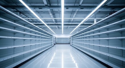 Retail Opportunity: Empty Supermarket Shelves Ready for Product Placement and Branding, Aisle View - Conceptual for Supply Chain, Logistics and Business Solutions.
