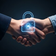 Secure Partnership: Handshake Symbolizing Data Protection and Cybersecurity for Business Success and Collaboration, Fostering Trust and Innovation.