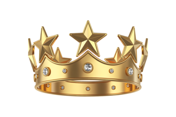 A glittering golden crown adorned with stars and diamonds sits on a clean white background, symbolizing royalty and achievement.