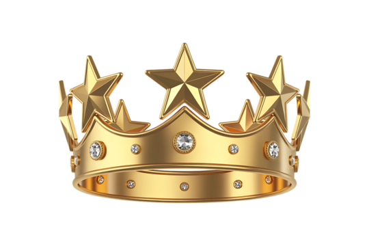 A glittering golden crown adorned with stars and diamonds sits on a clean white background, symbolizing royalty and achievement. - Powered by Adobe