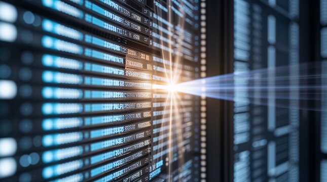 Data Privacy and Masking Concept. Hyper-focused Light Beam Applying Digital Privacy Filter Over Sensitive Data Code on Server Panel.