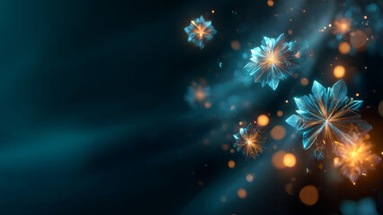 Abstract teal and orange snowflake shape with light ray glow and bokeh. Beautiful Christmas theme background for holiday greeting card.