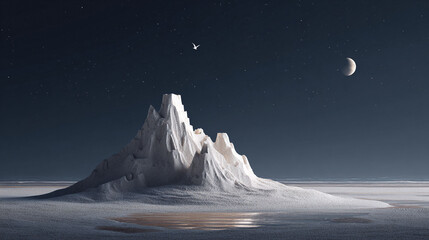 Surreal landscape with a moonlit mountain on a serene beach at night. Evokes solitude, fantasy, and natural wonder. Ideal for dreamlike, inspirational concepts.