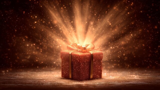 Fantasy Christmas Visual: Amazing Gift Wrapped in Stardust, Luminous and Magical with Soft Festive Atmosphere Backdrop.