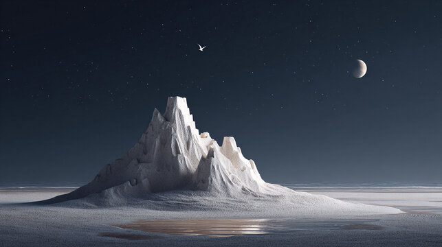 Surreal landscape with a moonlit mountain on a serene beach at night. Evokes solitude, fantasy, and natural wonder. Ideal for dreamlike, inspirational concepts.