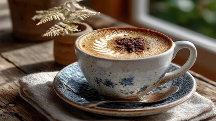 A beautifully crafted latte art design adorns the surface of a coffee cup, set against a warm and inviting light brown background, where steamed milk meets rich cream.