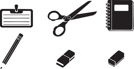 Essential school supplies icons set in simple black silhouette design. 