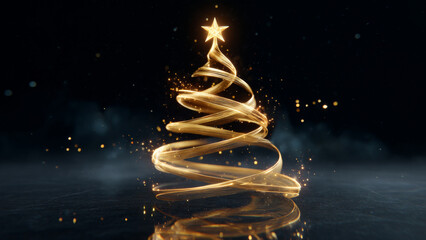 Golden light trail forming a Christmas tree with a glowing star on top, surrounded by sparkling particles. Festive holiday season decoration concept.