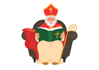 Saint Nicholas reads book sitting in armchair.