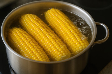 Three fresh corn cobs boiling in stainless steel pot on stove top for cooking