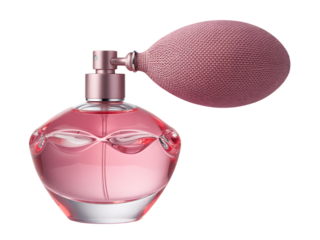 A vintage-style pink glass perfume bottle with an atomizer bulb sits isolated on a white background, evoking classic beauty and fragrance.