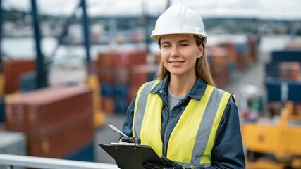 Woman port inspector wearing safety vest and gloves checks labels on container boxes with clipboard, shipping yard visible behind with stacked containers, cinematic professional to - Powered by Adobe