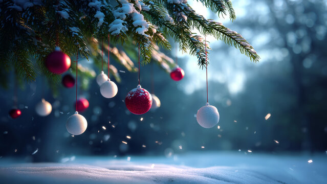 Christmas tree branch covered in snow with red and white ornaments. Holiday decoration with falling snow for festive winter season. - Powered by Adobe