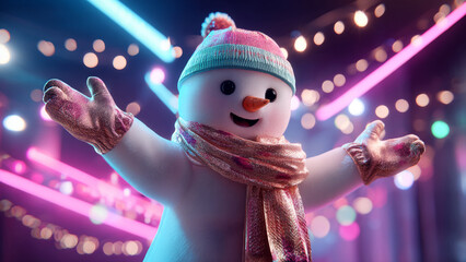 Cute snowman with scarf and hat standing happy under festive neon light. Winter holiday character for Christmas and New Year celebration.