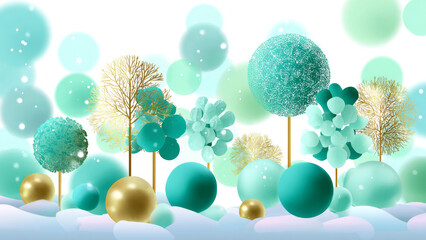 Abstract winter scene with turquoise and gold trees on snow. Modern Christmas holiday background for New Year celebration and seasonal design.