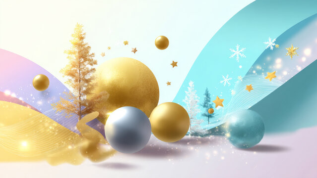Festive holiday abstract with golden spheres, stars, and winter trees. Christmas and New Year celebration background. Concept for winter season.