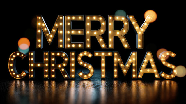 Vintage marquee 'Merry Christmas' sign with glowing light bulbs. Festive holiday greeting with warm golden glow for seasonal celebration.