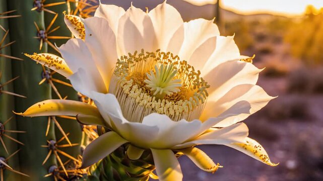 A large white cactus flower with yellow spots on the petals blooms on a green cactus with sharp spines set against a blurred desert landscape