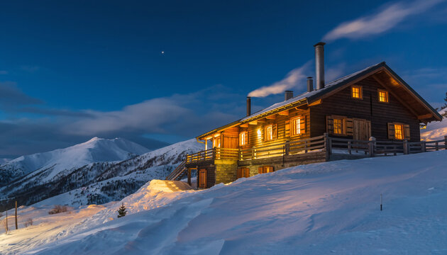 A cozy wooden cabin glows with warm light on a snowy mountain under a starry twilight sky - Powered by Adobe