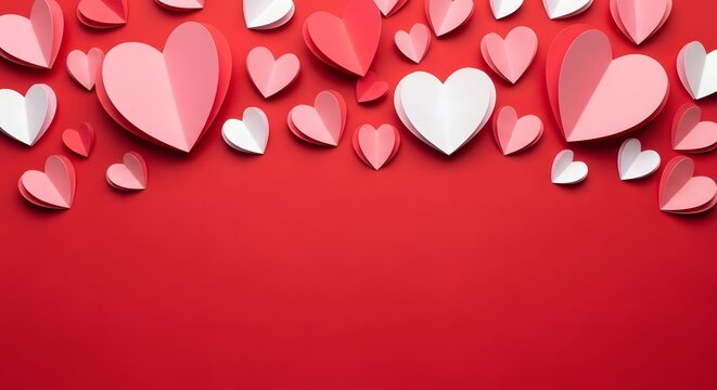 Many paper hearts in various shades of pink and white on red background