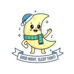 Cute Cartoon Moon Character in Nightcap and Scarf with Good Night, Sleep Tight