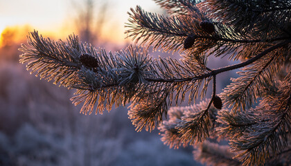 A close-up of a hoarfrost-covered pine branch backlit by the warm glow of a winter sunrise
