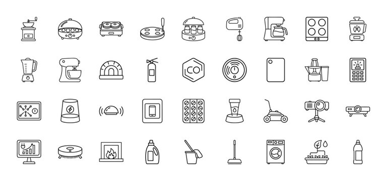 Home appliances and smart devices icon set. Vector pictograms of kitchenware, household tools, safety items, thin linear illustration.