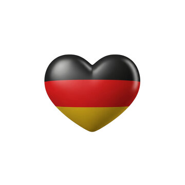 A striking 3D illustration of a heart symbolizing the German tricolor flag (black, red, and gold/yellow). It conveys German national identity, European culture, and unity