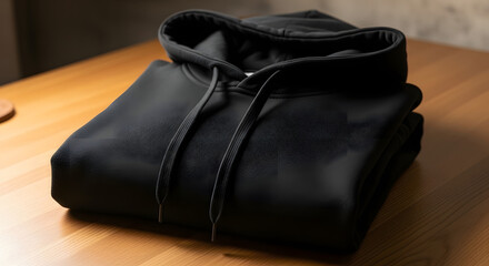 Folded Black Leather Jacket on Wooden Surface.