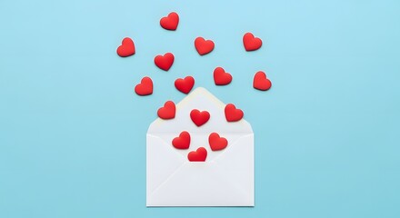 Red hearts flying out of a white envelope against a blue background