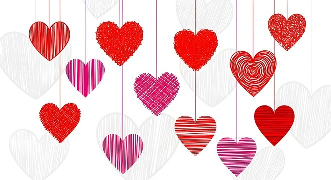 Collection of hanging valentine heart decorations with various patterns and colors